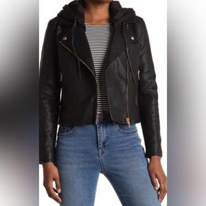 Blank NYC Black Faux Leather with hooded crop moto jacket
